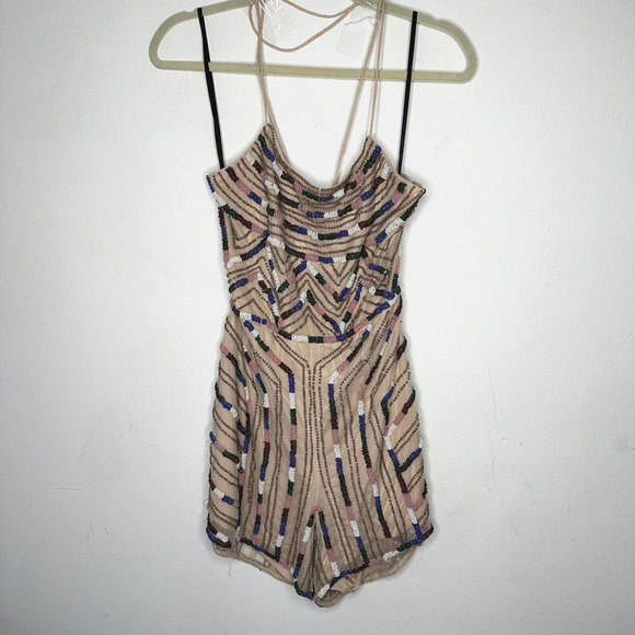 NWT X By NBD Nea Romper Aztec Tan Multi Color Beaded Striped Jumpsuit Large - Picture 1 of 16